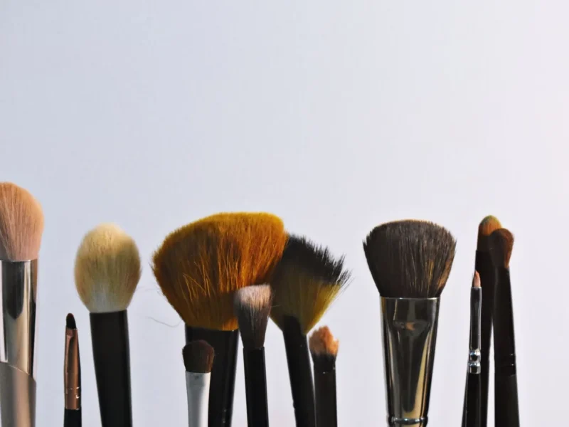 Brochas de maquillaje de diferentes formas y tamaños colocadas en vertical.