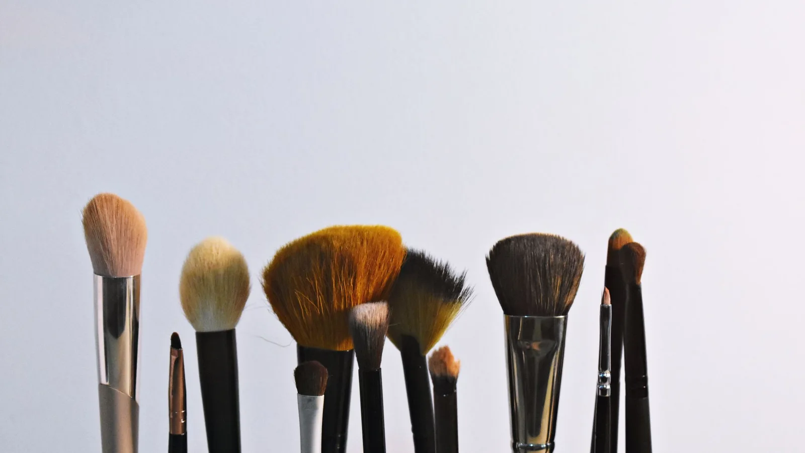 Brochas de maquillaje de diferentes formas y tamaños colocadas en vertical.