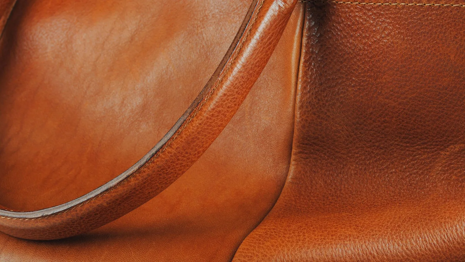 Detalle de un bolso marrón con asa y superficie de piel visible.