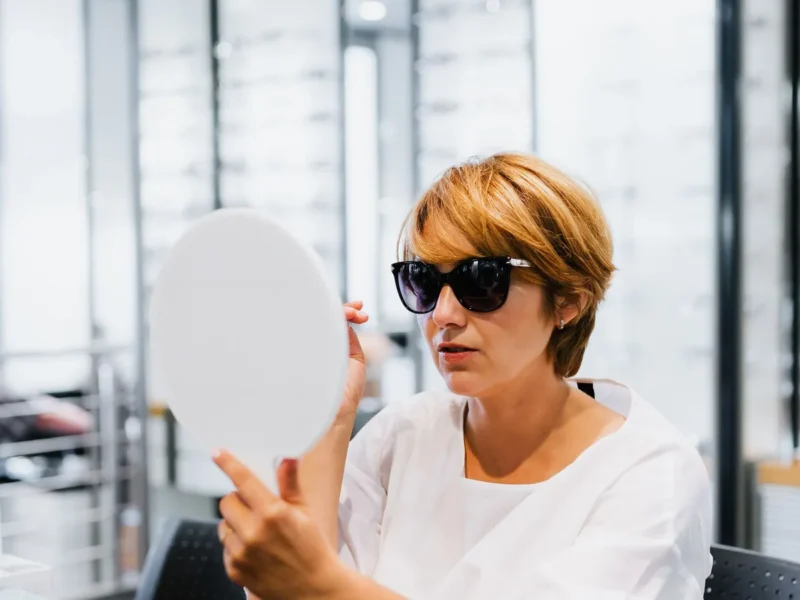 Mujer probándose unas gafas de sol y observándose en un espejo de mano dentro de una óptica.
