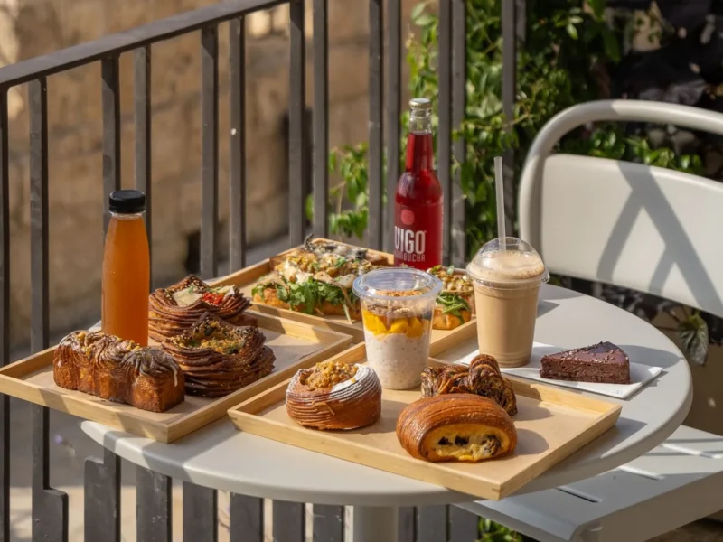 Mesa de desayuno junto a una barandilla con edificios y vegetación al fondo