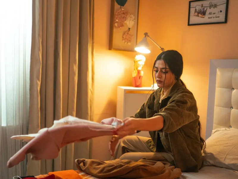Mujer organizando prendas sobre una cama en una habitación luminosa
