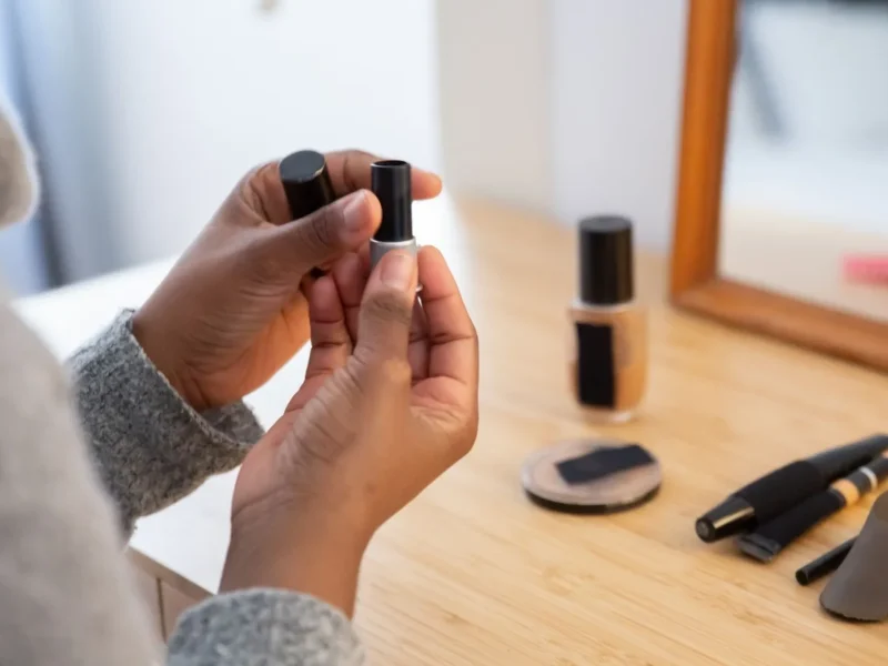 Manos examinando una barra de labios junto a cosméticos colocados delante de un espejo.